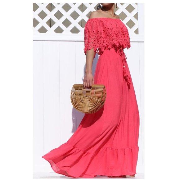 Boho Coral Off Shoulder Crochet Ruffle Maxi Dress - Picture 3 of 5